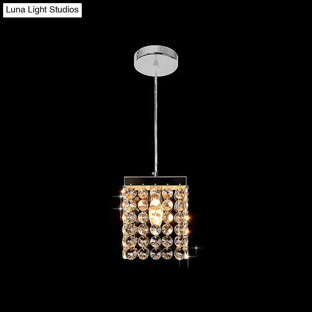 Modern Crystal Cube Suspension Lamp: 1-Light Ceiling Hang Fixture In Chrome