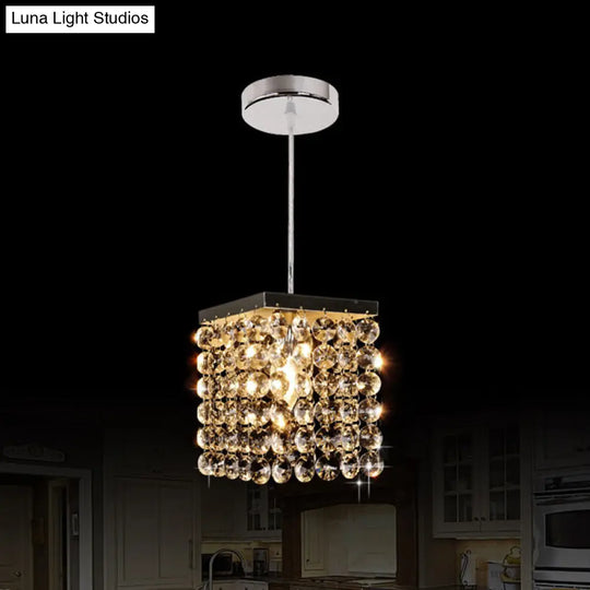 Modern Crystal Cube Suspension Lamp: 1-Light Ceiling Hang Fixture In Chrome