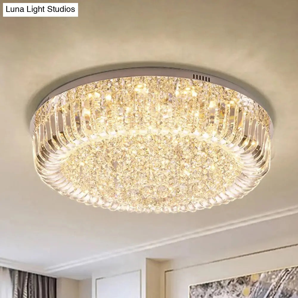 Modern Clear Faceted Crystal Drum Led Ceiling Light Fixture - Flush Mount; Warm/White/3 Color