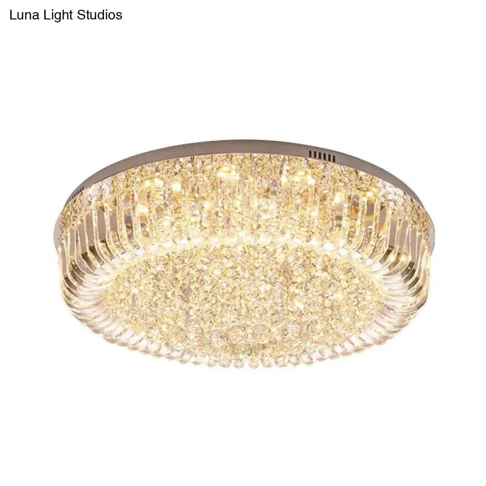 Modern Clear Faceted Crystal Drum Led Ceiling Light Fixture - Flush Mount; Warm/White/3 Color