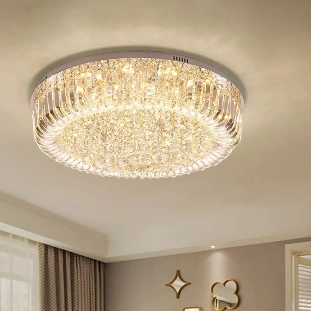 Modern Clear Faceted Crystal Drum Led Ceiling Light Fixture - Flush Mount; Warm/White/3 Color