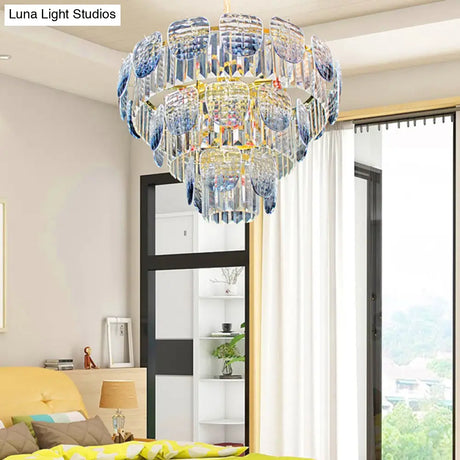 Modern Clear Faceted Crystal Tiered Hanging Light Kit With Blue Pendant Chandelier (5/10 Lights)