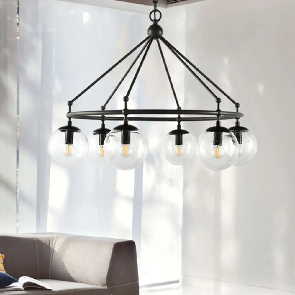 Modern Clear Frosted Glass Sphere Chandelier With Multi-Lights And Circle Ring Design - Black