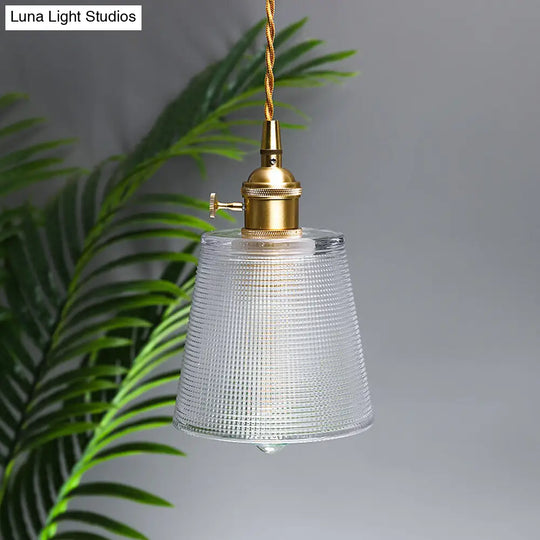 Modernist Clear Glass Bell Hanging Light With Gold Finish & Metallic Switch - 1 Bulb Suspended