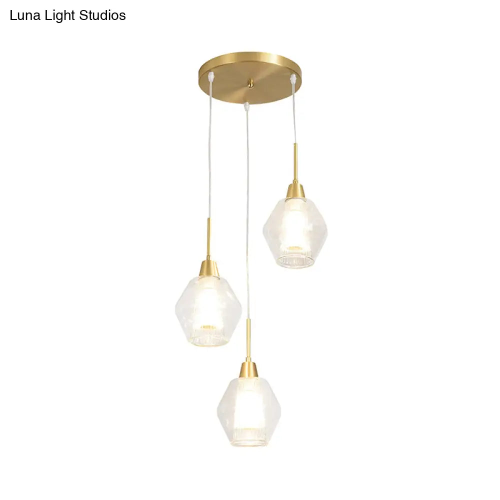 Modern Clear Glass 3-Bulb Gold Cluster Pendant Light - Dual-Shade Diamond Ceiling Hand Lamp