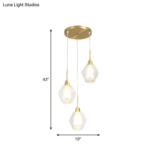 Modern Dual-Shade Diamond Ceiling Hand Lamp With Clear Glass 3-Bulb Gold Pendant Light