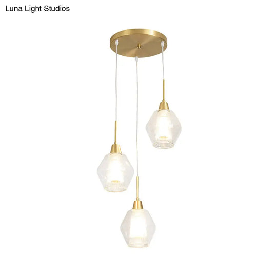 Modern Dual-Shade Diamond Ceiling Hand Lamp With Clear Glass 3-Bulb Gold Pendant Light