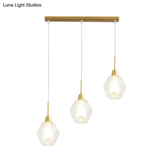 Modern Clear Glass 3-Bulb Gold Cluster Pendant Light - Dual-Shade Diamond Ceiling Hand Lamp