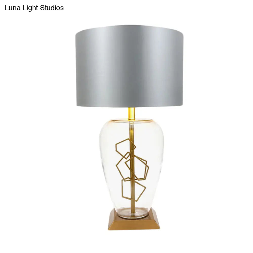 Modern Clear Glass Brass Table Lamp With Grey Fabric Shade - Urn Nightstand Light