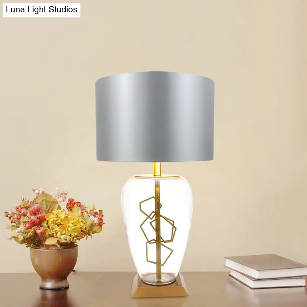 Modern Clear Glass Brass Table Lamp With Grey Fabric Shade - Urn Nightstand Light