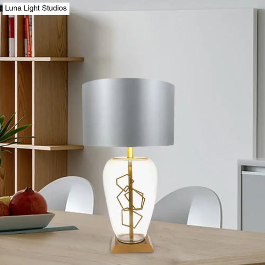 Modern Clear Glass Brass Table Lamp With Grey Fabric Shade - Urn Nightstand Light