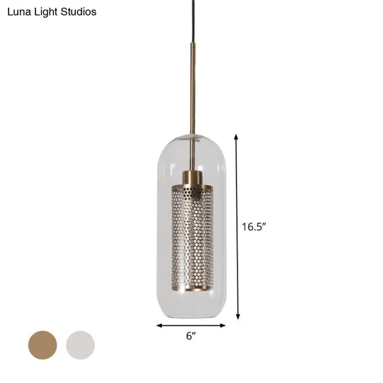 Modern Clear Glass Hanging Light With Mesh Screen For Balcony - Capsule Shape