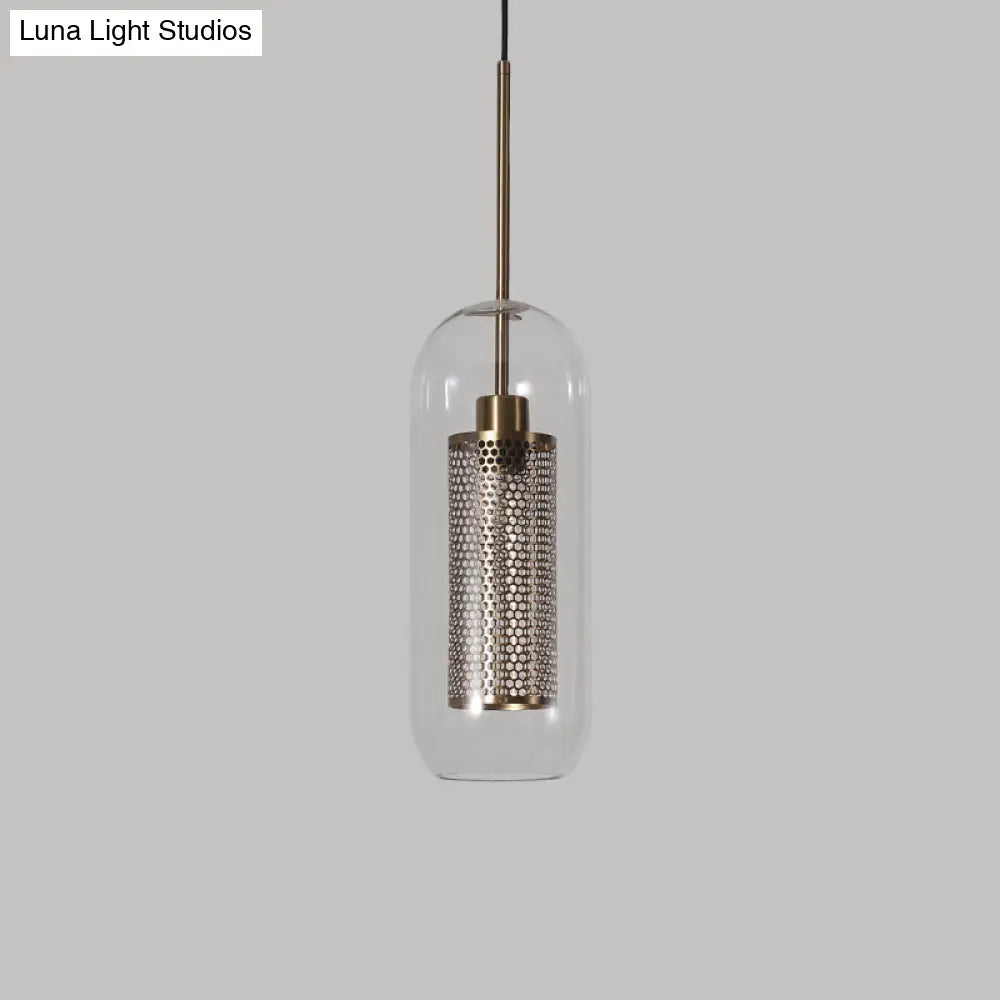 Modern Clear Glass Capsule Hanging Light With Mesh Screen For Balcony Ceiling - 1