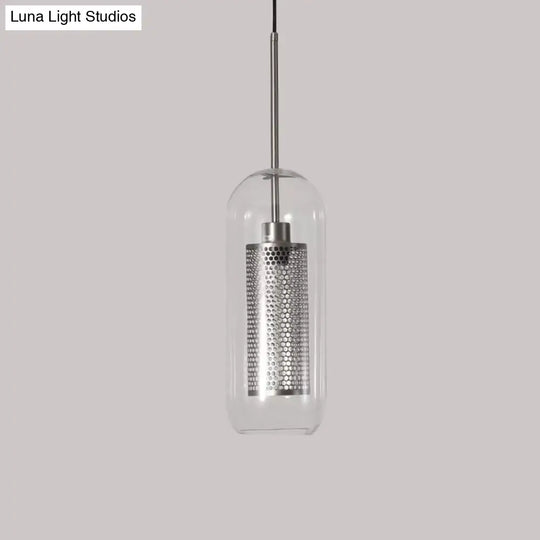 Modern Clear Glass Hanging Light With Mesh Screen For Balcony - Capsule Shape