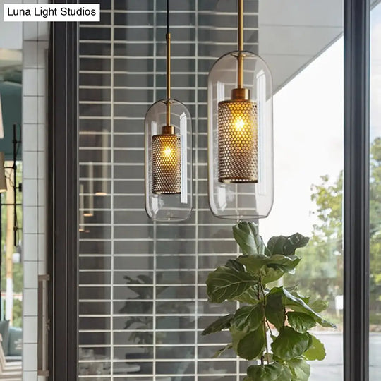 Modern Clear Glass Capsule Hanging Light With Mesh Screen For Balcony Ceiling - 1