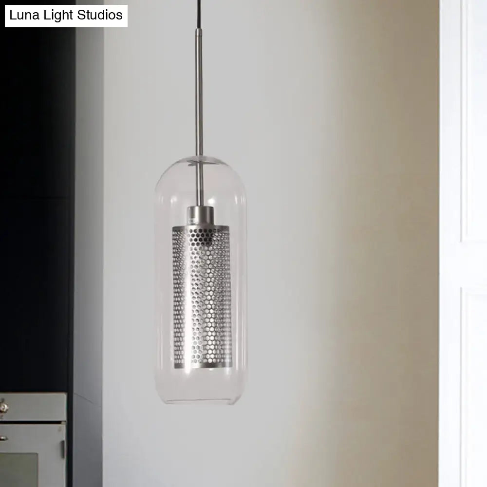 Modern Clear Glass Hanging Light With Mesh Screen For Balcony - Capsule Shape Chrome / 5