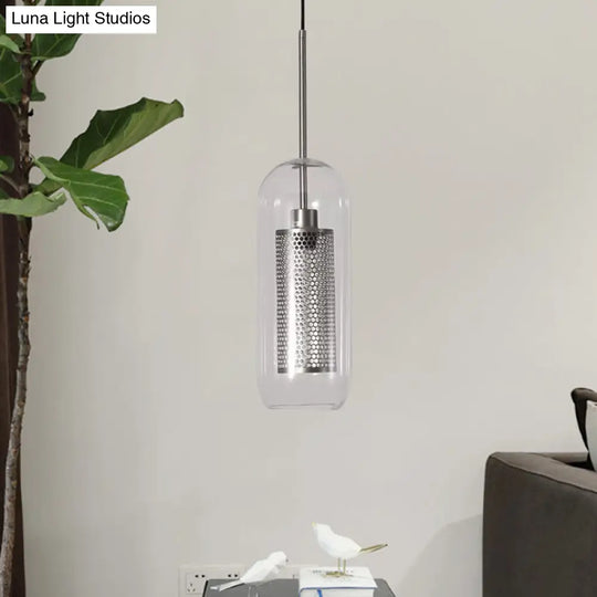 Modern Clear Glass Hanging Light With Mesh Screen For Balcony - Capsule Shape