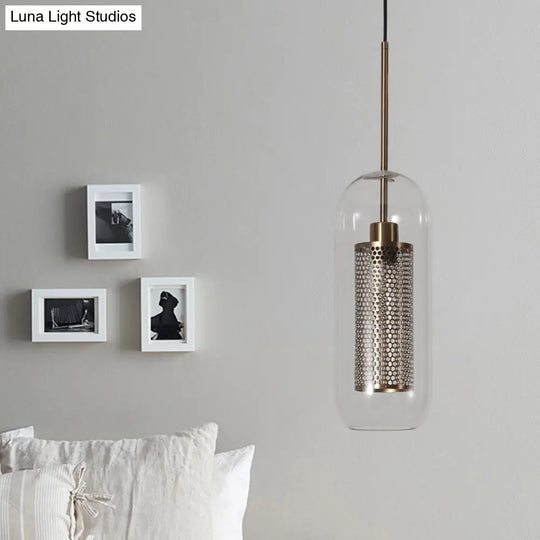 Modern Clear Glass Hanging Light With Mesh Screen For Balcony - Capsule Shape Brass / 5