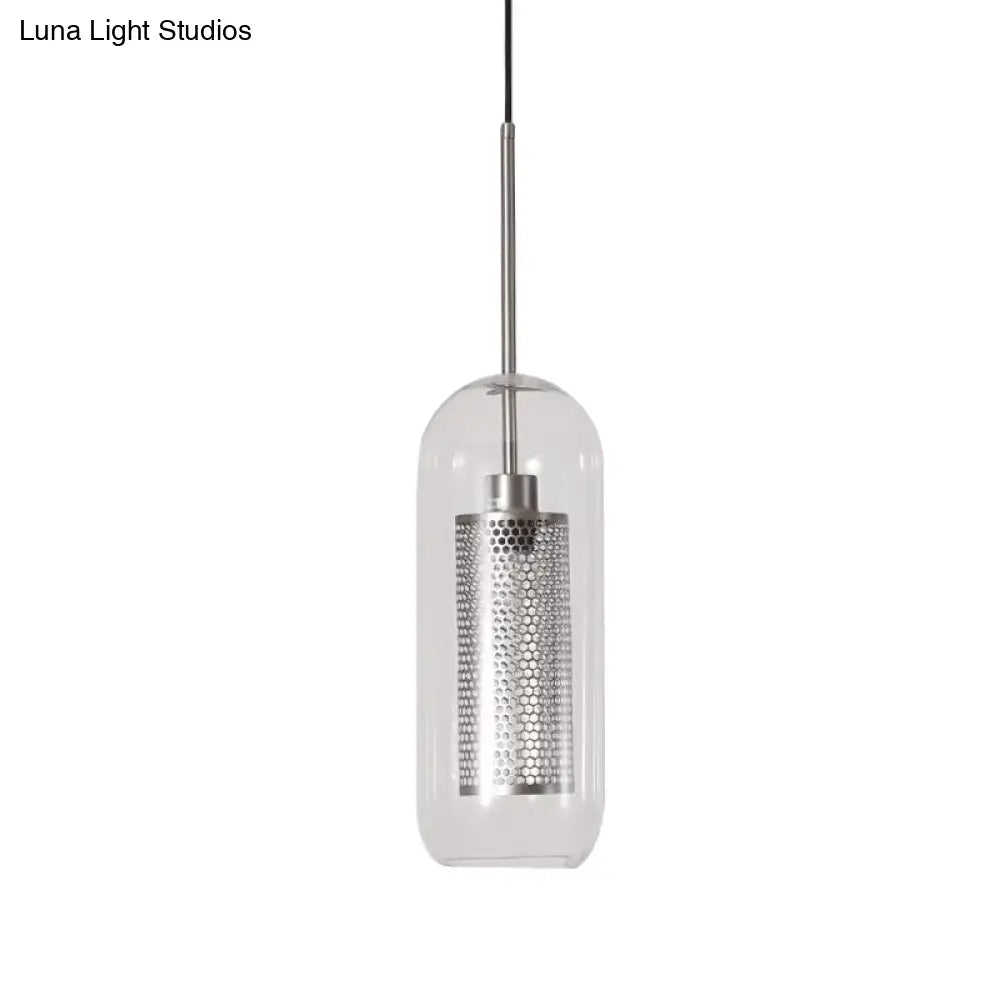 Modern Clear Glass Hanging Light With Mesh Screen For Balcony - Capsule Shape