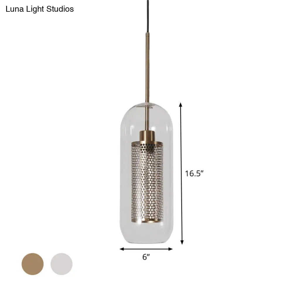 Modern Clear Glass Capsule Hanging Light With Mesh Screen For Balcony Ceiling - 1