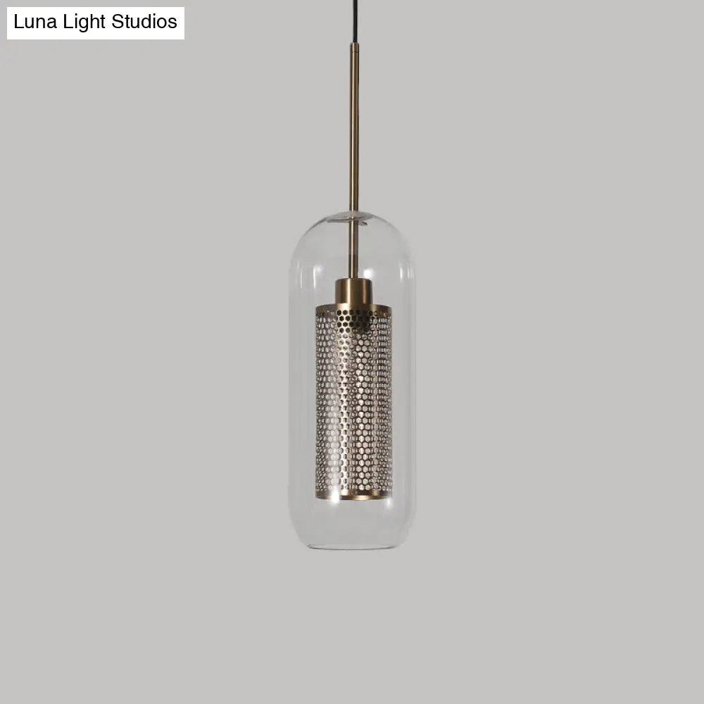 Modern Clear Glass Hanging Light With Mesh Screen For Balcony - Capsule Shape