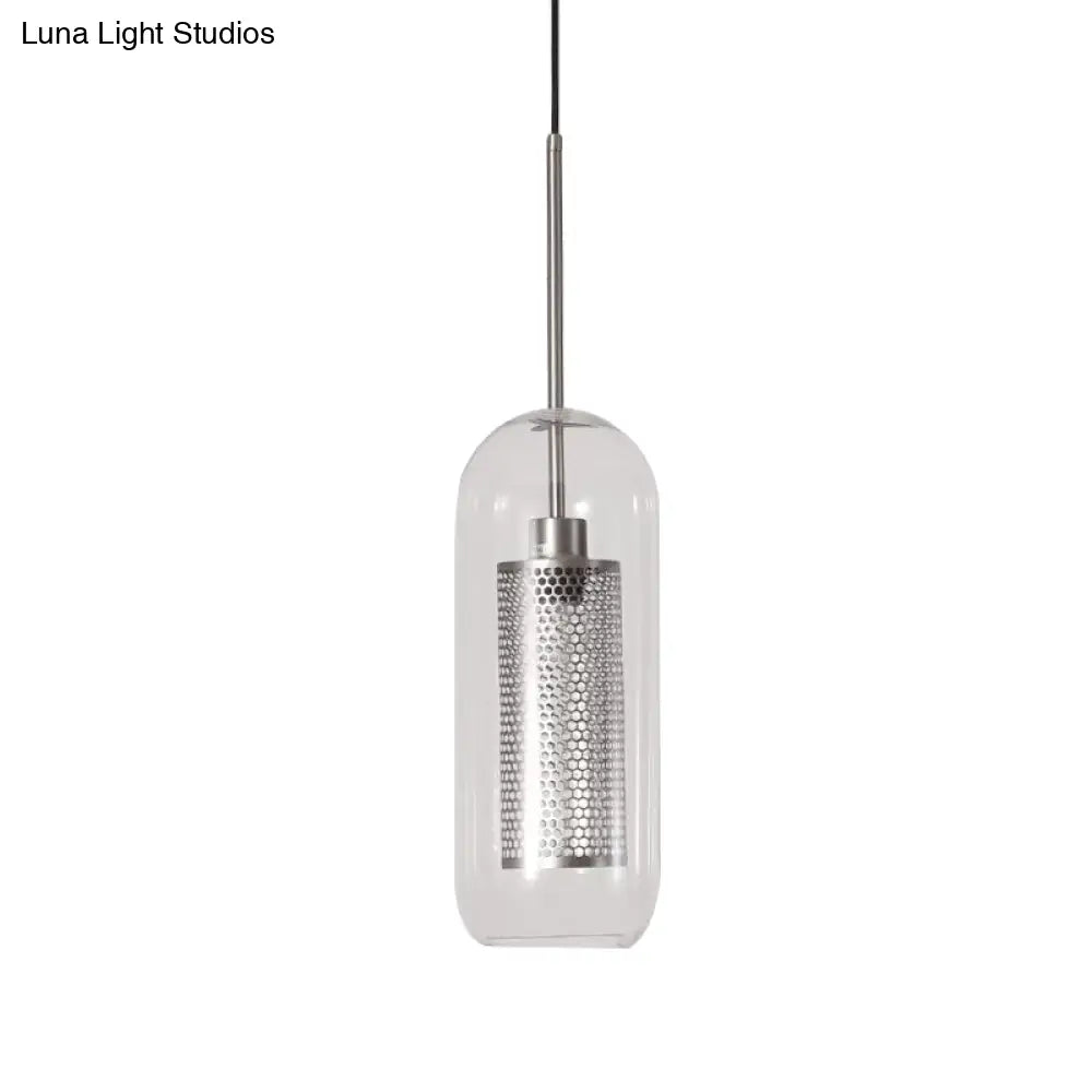 Modern Clear Glass Capsule Hanging Light With Mesh Screen For Balcony Ceiling - 1