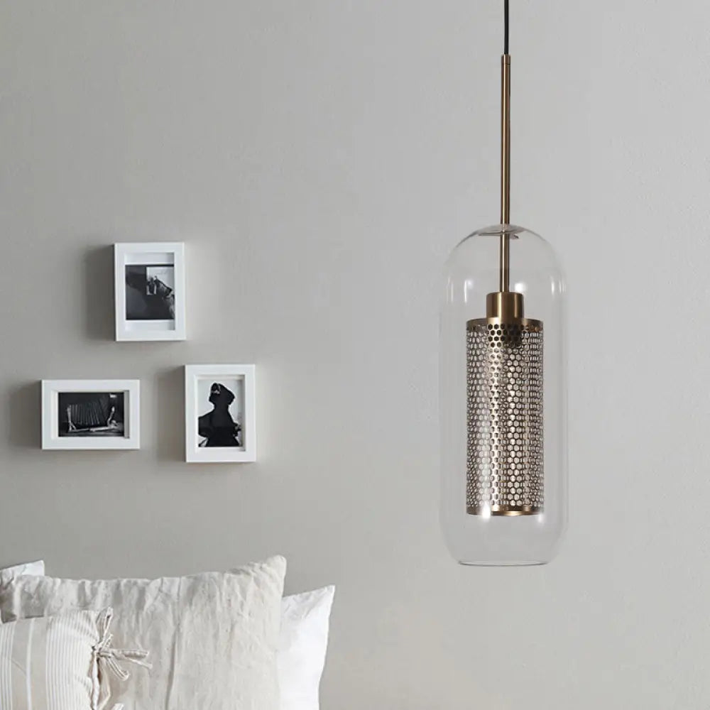 Modern Clear Glass Capsule Hanging Light With Mesh Screen For Balcony Ceiling - 1 Brass / 5’