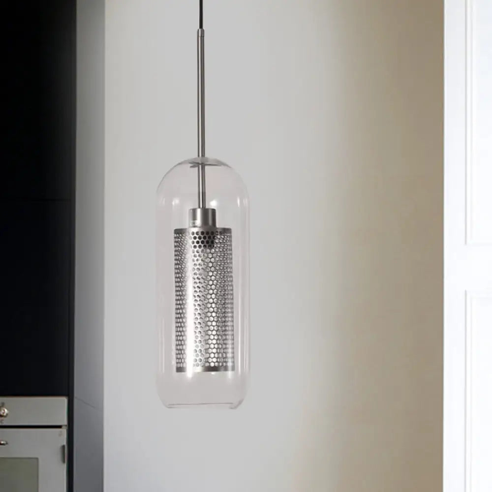 Modern Clear Glass Capsule Hanging Light With Mesh Screen For Balcony Ceiling - 1 Chrome / 5’