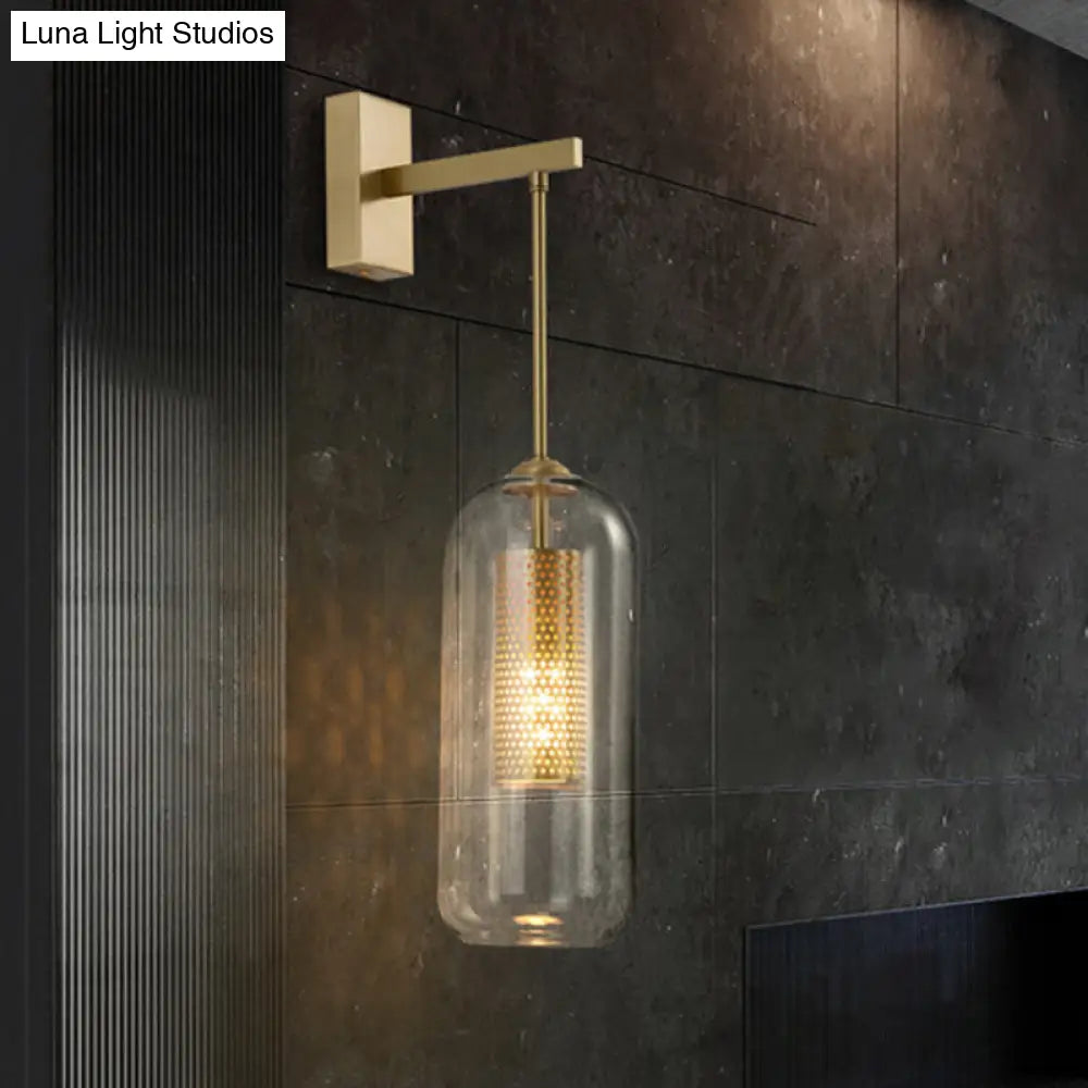 Modern Clear Glass Capsule Wall Light Sconce With Gold Arm - Stylish Indoor Lighting