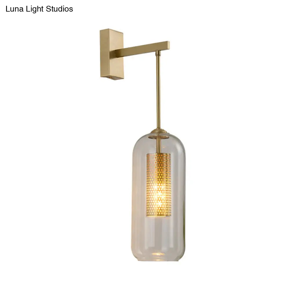 Modern Clear Glass Capsule Wall Light Sconce With Gold Arm - Stylish Indoor Lighting