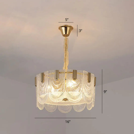 Modern Clear Glass Chandelier: Round Pendant Ceiling Lamp With Elegant Scalloped Edge / 16’