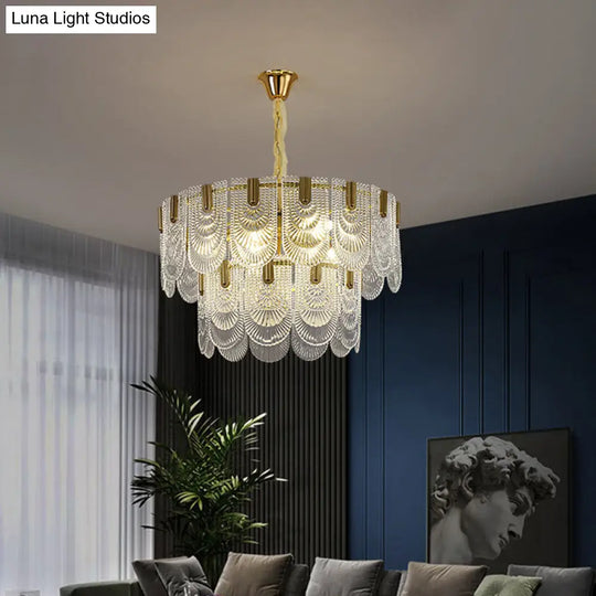 Modern Clear Textured Glass Chandelier With Round Pendant And Scalloped Edge