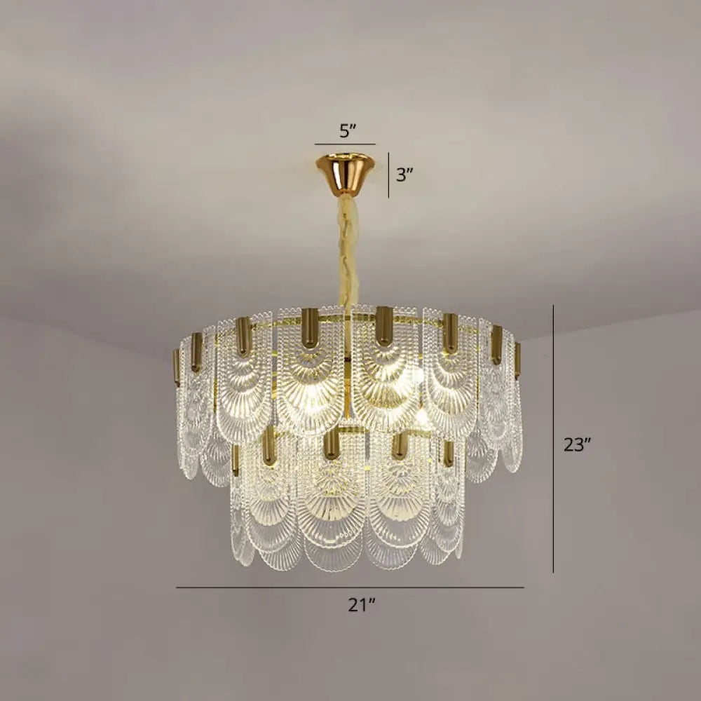 Modern Clear Glass Chandelier: Round Pendant Ceiling Lamp With Elegant Scalloped Edge / 21’