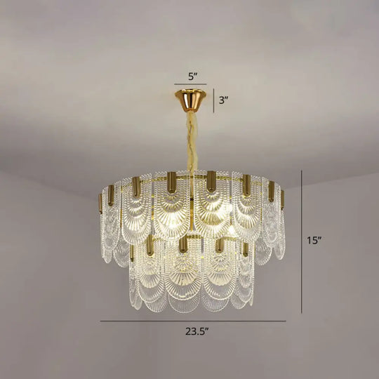 Modern Clear Glass Chandelier: Round Pendant Ceiling Lamp With Elegant Scalloped Edge / 23.5’