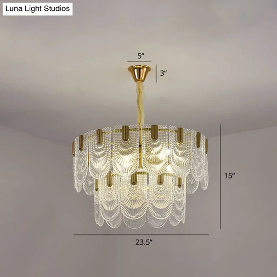 Modern Clear Textured Glass Chandelier With Round Pendant And Scalloped Edge / 23.5