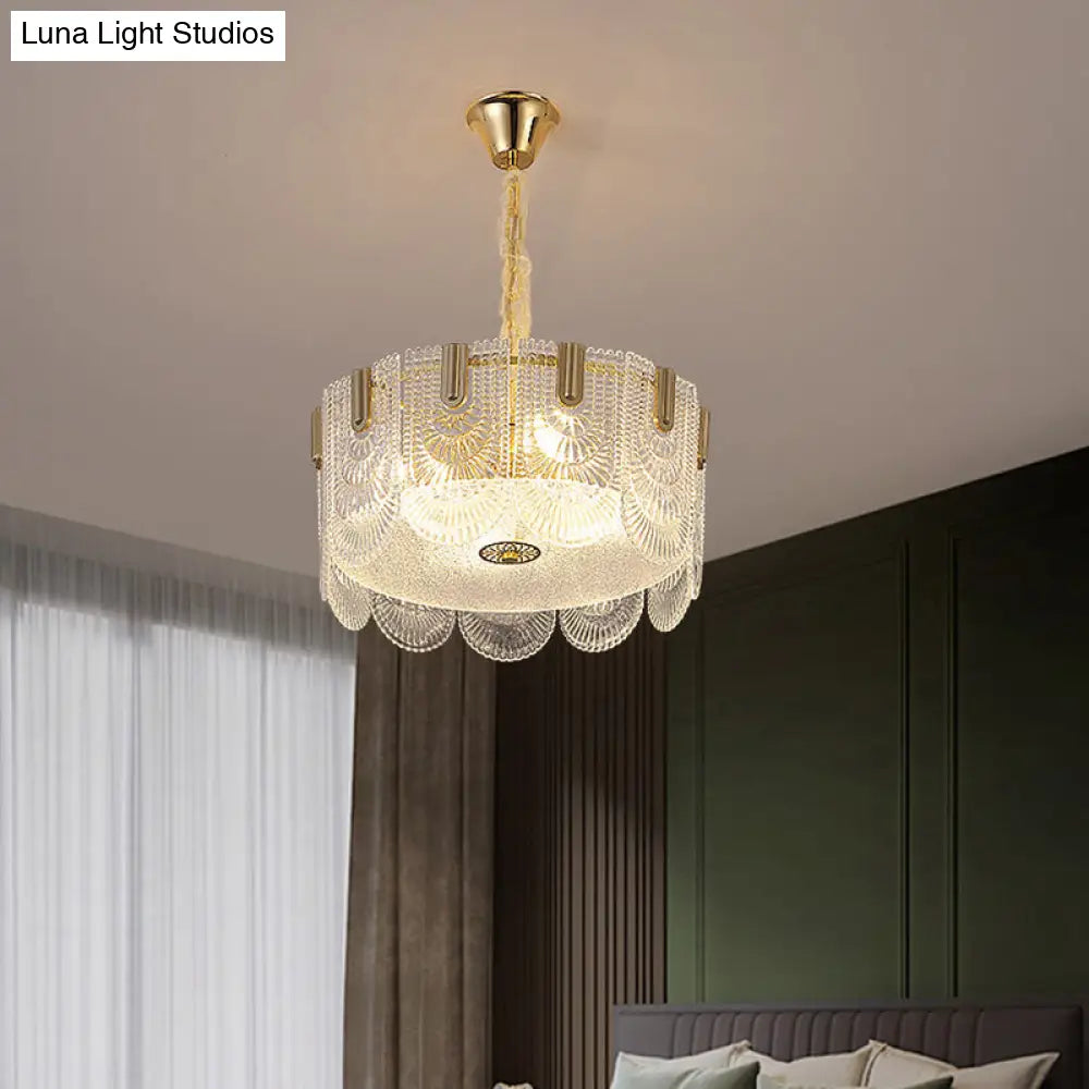 Modern Clear Textured Glass Chandelier With Round Pendant And Scalloped Edge