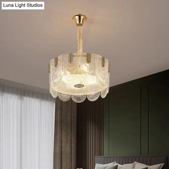 Modern Clear Textured Glass Chandelier With Round Pendant And Scalloped Edge