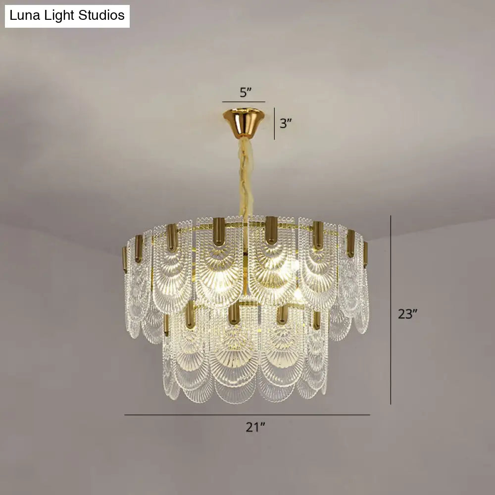 Modern Clear Textured Glass Chandelier With Round Pendant And Scalloped Edge / 21