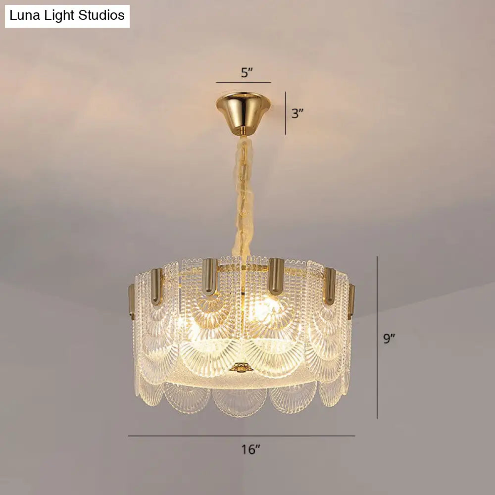 Modern Clear Textured Glass Chandelier With Round Pendant And Scalloped Edge / 16