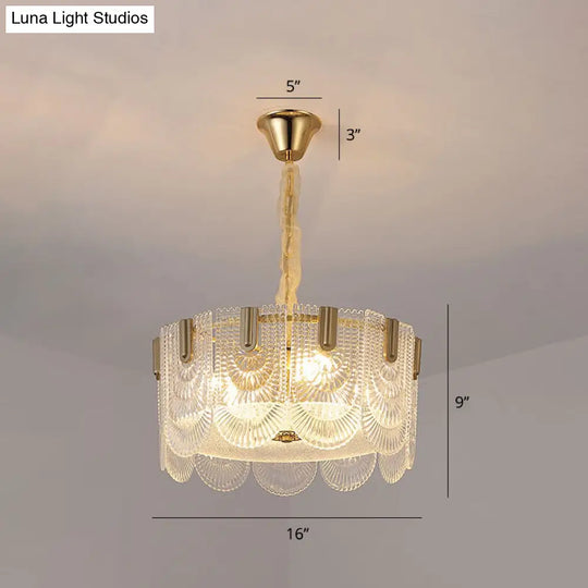 Modern Clear Textured Glass Chandelier With Round Pendant And Scalloped Edge / 16