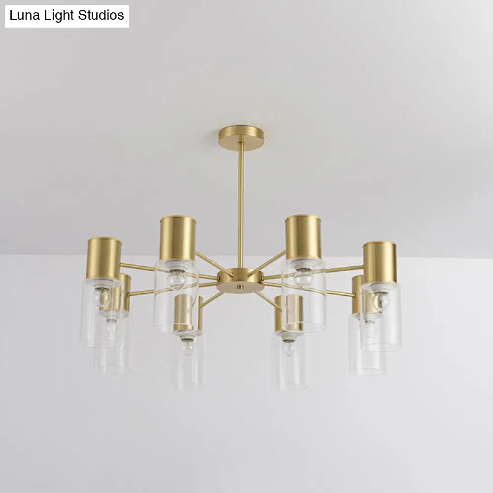 Postmodern Clear Glass Cylinder Chandelier Kit With 6/8/10 Brass Hanging Lamps