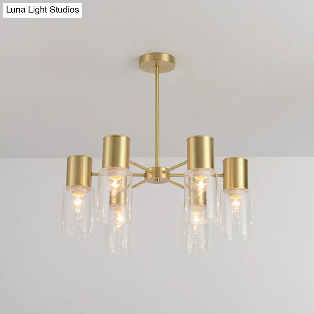 Modern Clear Glass Cylinder Hanging Lamp Kit - 6/8/10 Heads Brass Chandelier Fixture