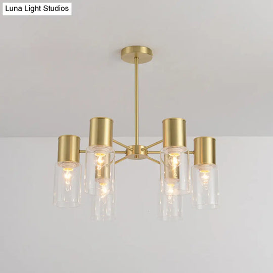 Modern Clear Glass Cylinder Hanging Lamp Kit - 6/8/10 Heads Brass Chandelier Fixture