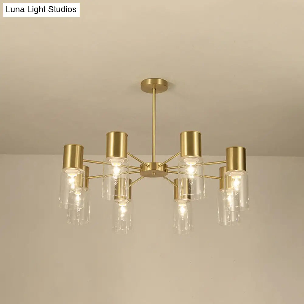 Modern Clear Glass Cylinder Hanging Lamp Kit - 6/8/10 Heads Brass Chandelier Fixture