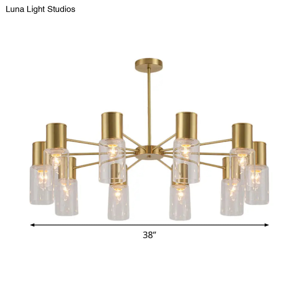 Postmodern Clear Glass Cylinder Chandelier Kit With 6/8/10 Brass Hanging Lamps