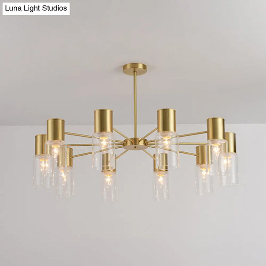 Modern Clear Glass Cylinder Hanging Lamp Kit - 6/8/10 Heads Brass Chandelier Fixture