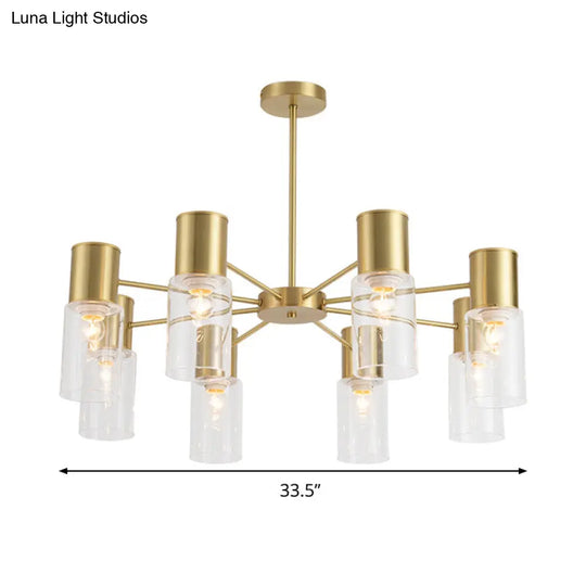 Modern Clear Glass Cylinder Hanging Lamp Kit - 6/8/10 Heads Brass Chandelier Fixture