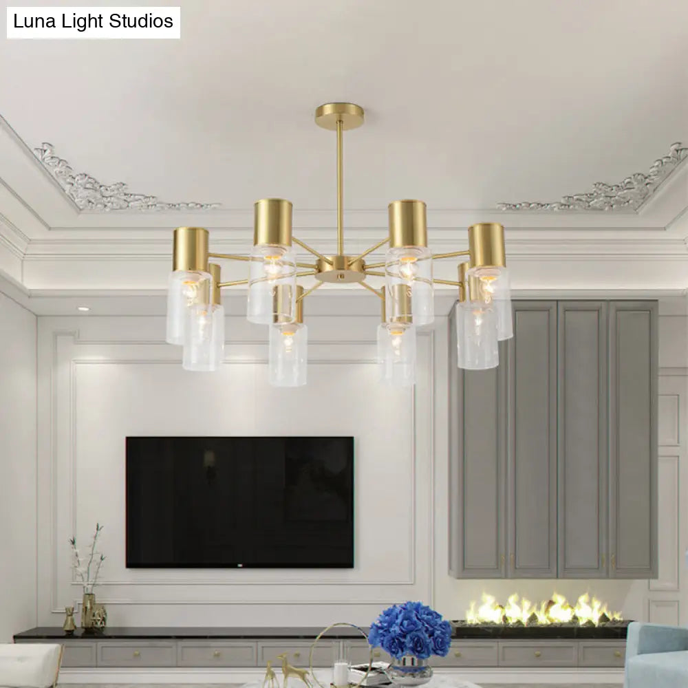 Postmodern Clear Glass Cylinder Chandelier Kit With 6/8/10 Brass Hanging Lamps