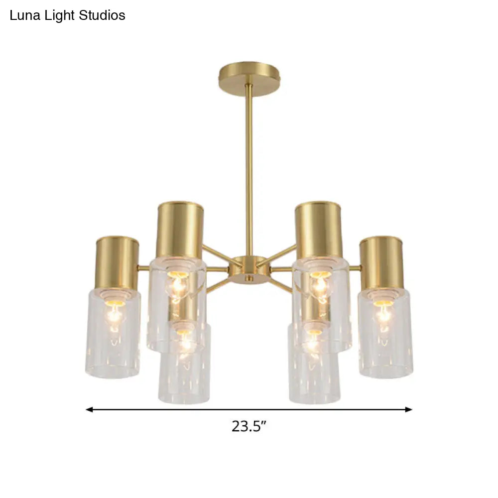 Postmodern Clear Glass Cylinder Chandelier Kit With 6/8/10 Brass Hanging Lamps