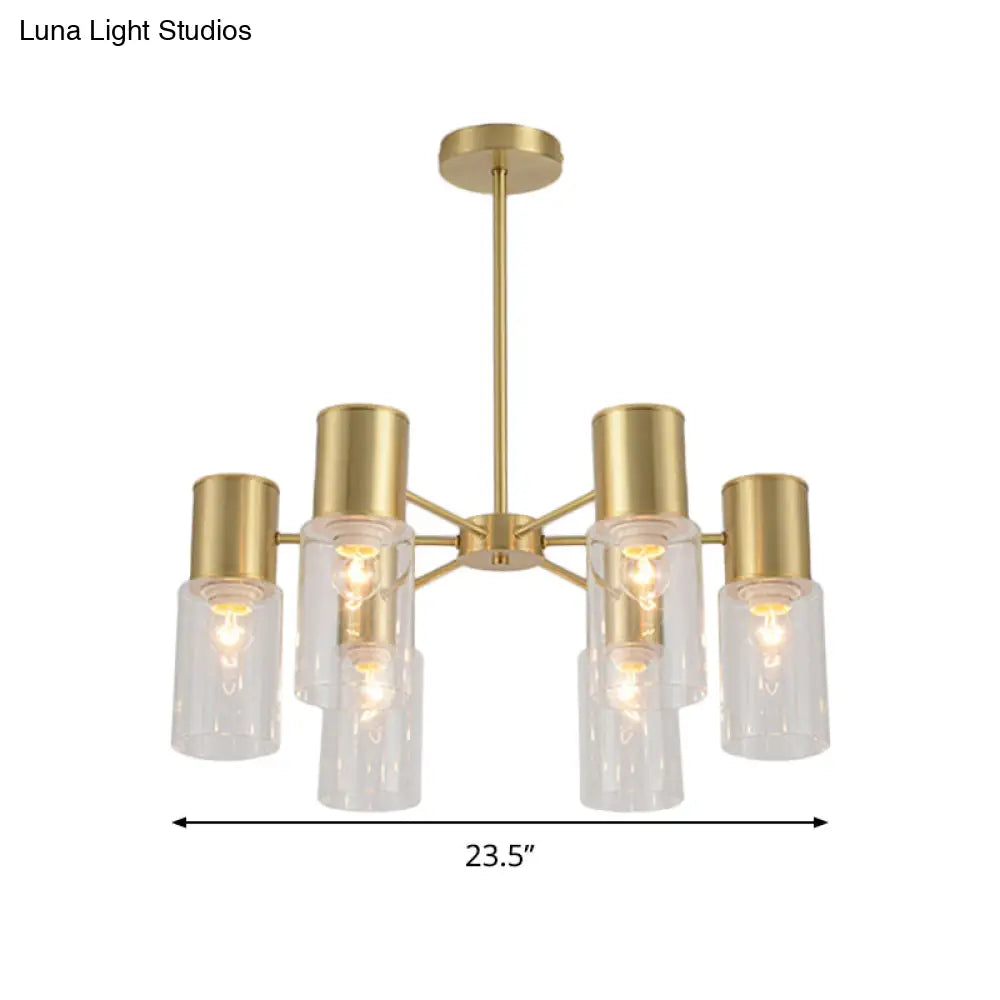 Modern Clear Glass Cylinder Hanging Lamp Kit - 6/8/10 Heads Brass Chandelier Fixture